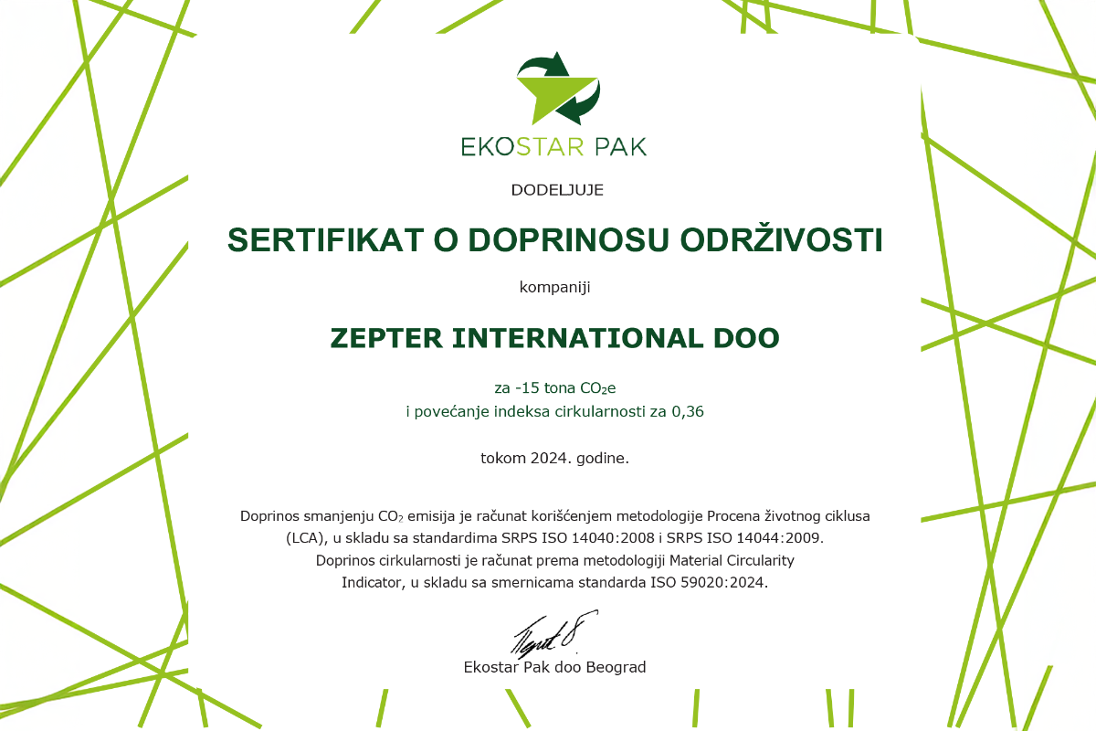 ZEPTER INTERNATIONAL DOBIO SERTIFIKAT O DOPRINOSU ODRŽIVOSTI 