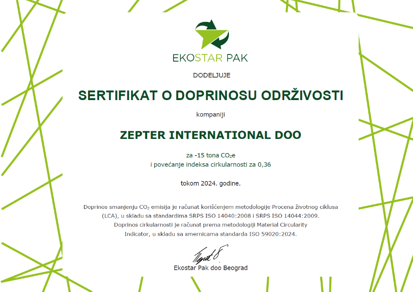ZEPTER INTERNATIONAL DOBIO SERTIFIKAT O DOPRINOSU ODRŽIVOSTI 